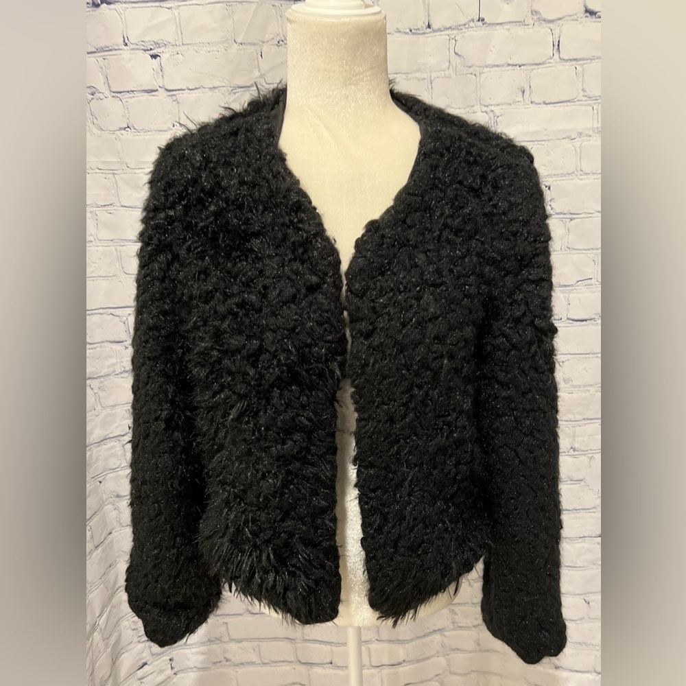 Nine West jeans Black fuzzy jacket with hook n eye closure. Size medium